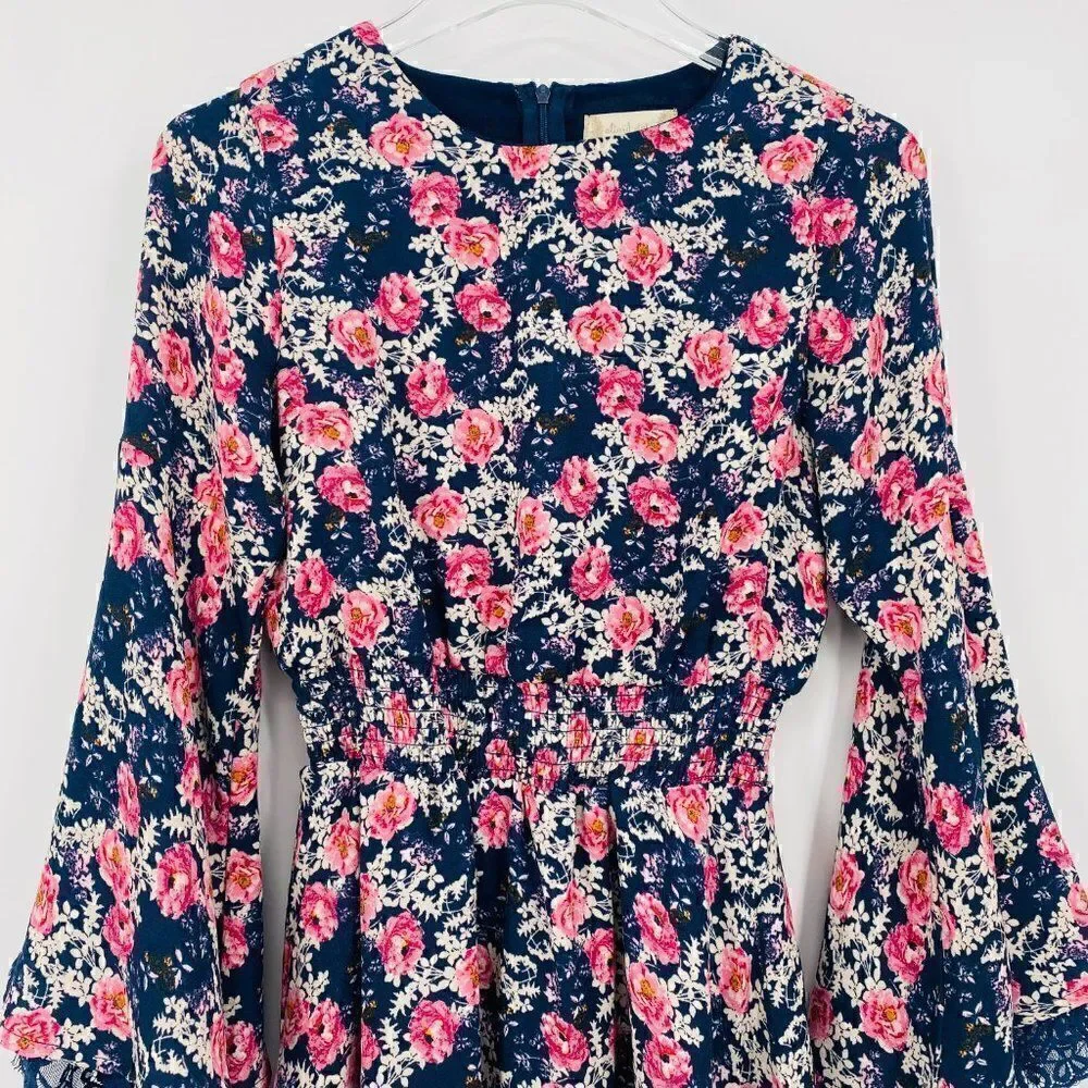 Altar'd State Size XS Navy Blue & Pink Floral Claudine Bell Sleeve Boho Dress - Picture 3 of 10